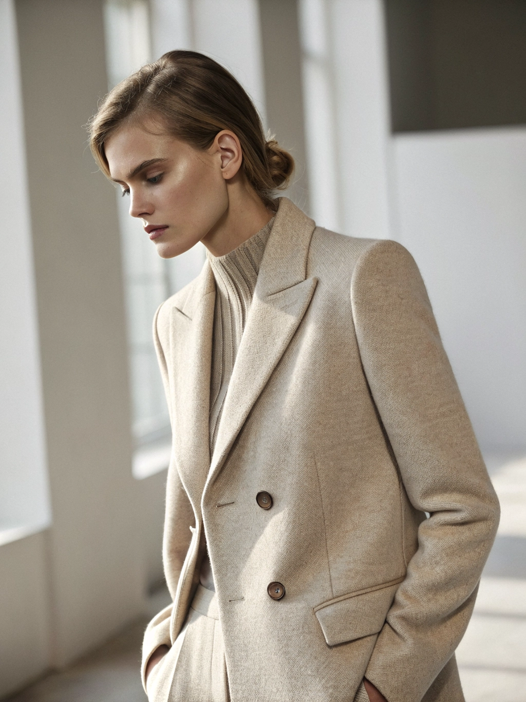 Editorial fashion campaign portrait showcasing minimalist luxury style