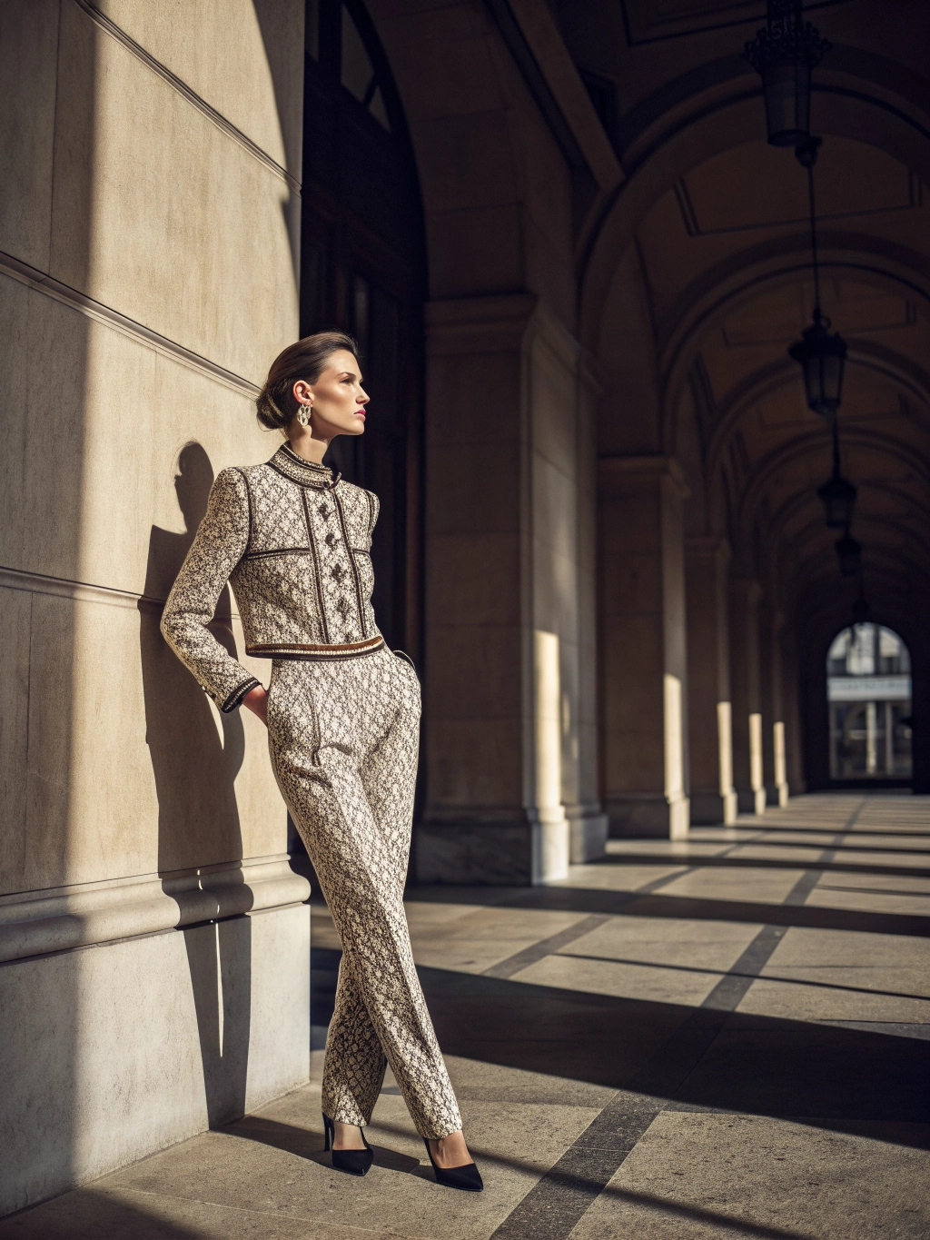 Full-length portrait modeling high fashion editorial attire
